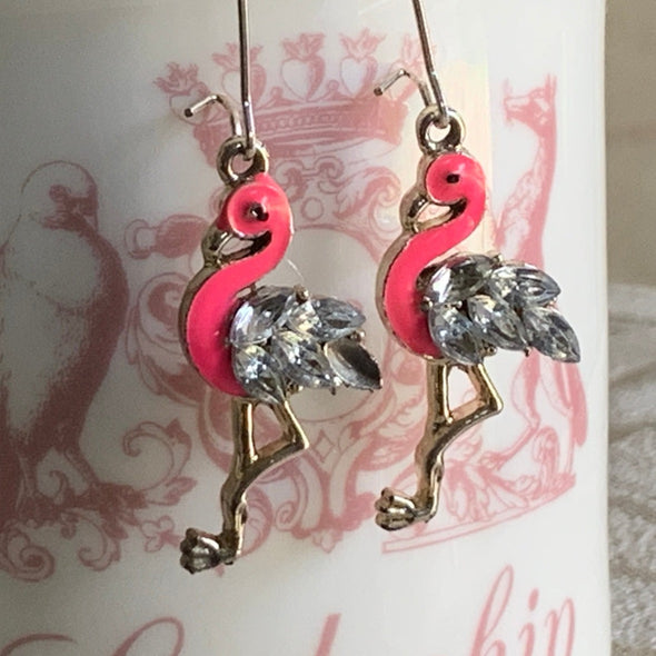 Earrings, Crystal Winged Flamingo