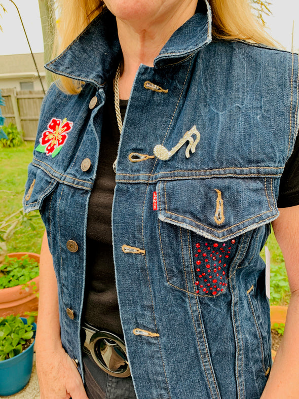 Levis Denim Vest, Red Hibiscus