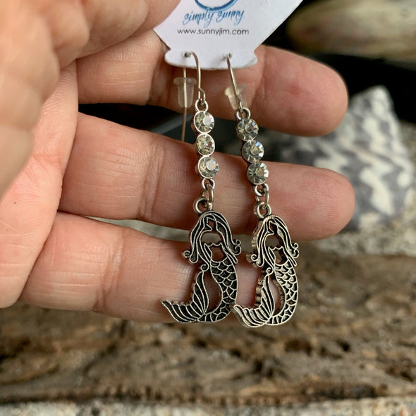 Earrings, Hanging Rhinestone Mermaids